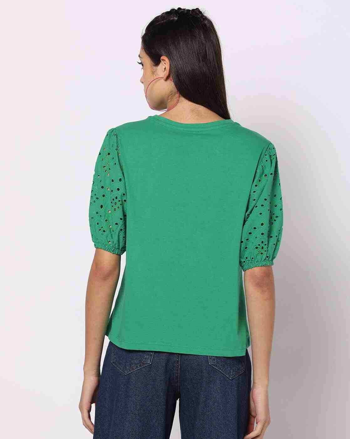 DNMX | Round-Neck Top with Schiffli Embroidered Sleeves|2