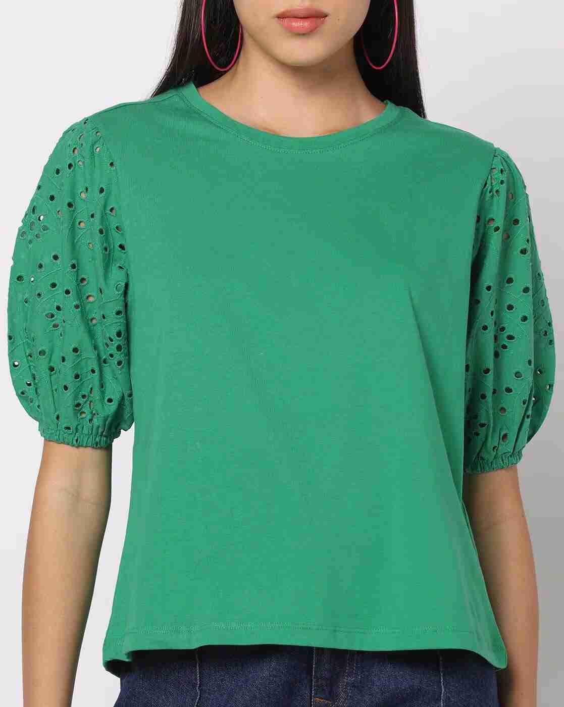 DNMX | Round-Neck Top with Schiffli Embroidered Sleeves|3