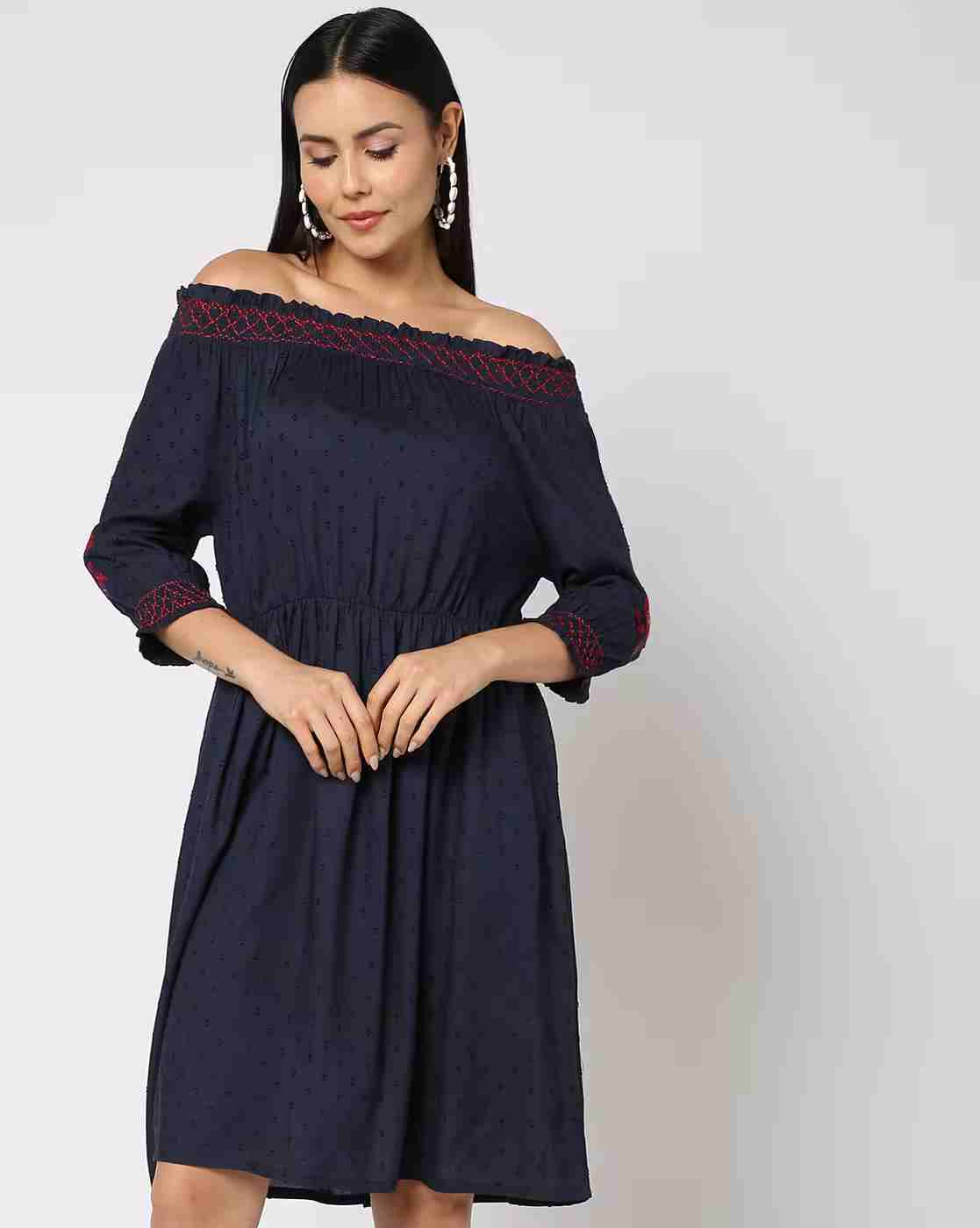 DNMX | Swiss-Dot Smocked-Neck A-Line Dress|0