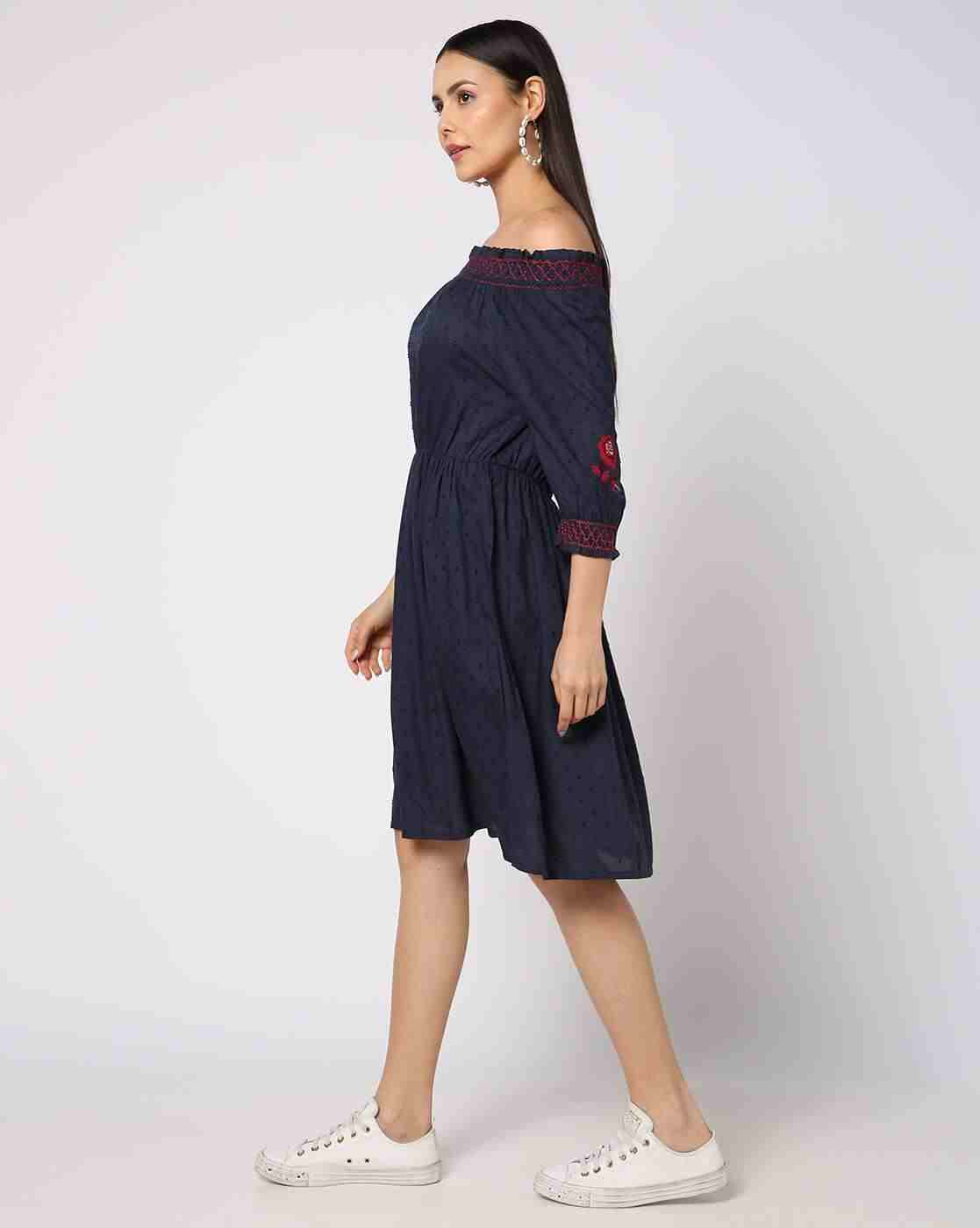 DNMX | Swiss-Dot Smocked-Neck A-Line Dress|1