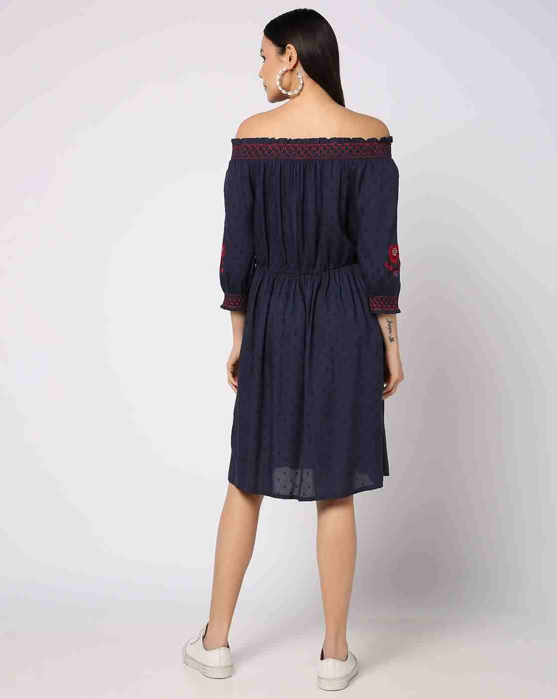 DNMX | Swiss-Dot Smocked-Neck A-Line Dress|2