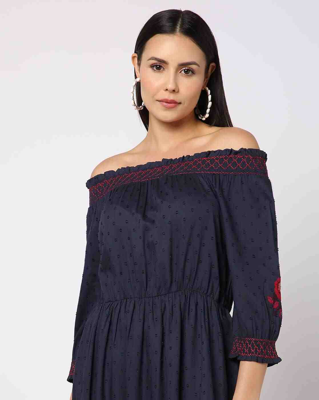 DNMX | Swiss-Dot Smocked-Neck A-Line Dress|3