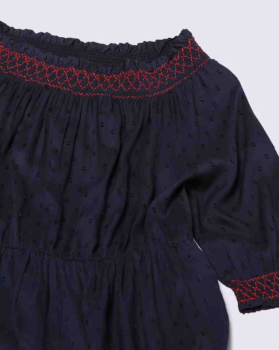 DNMX | Swiss-Dot Smocked-Neck A-Line Dress|4