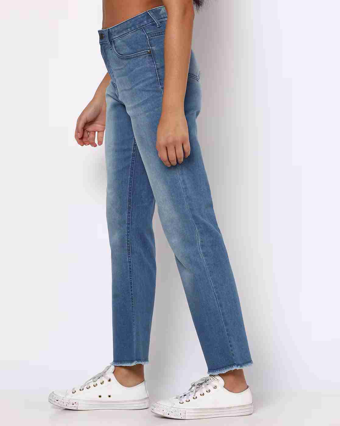 DNMX | Women High-Rise Bootcut Jeans with Frayed Hems|1