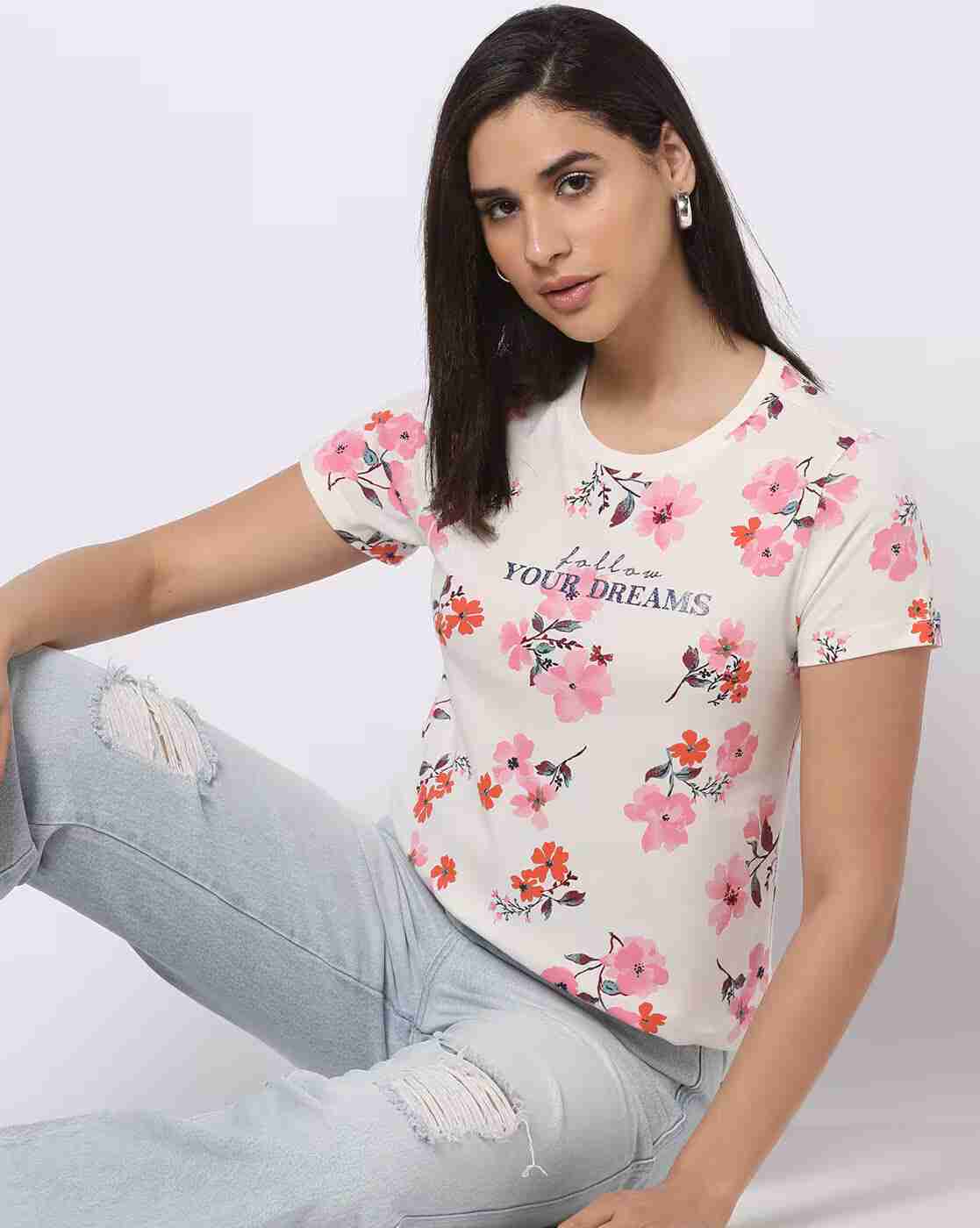 DNMX | Floral Print Round-Neck Slim Fit T-Shirt|0