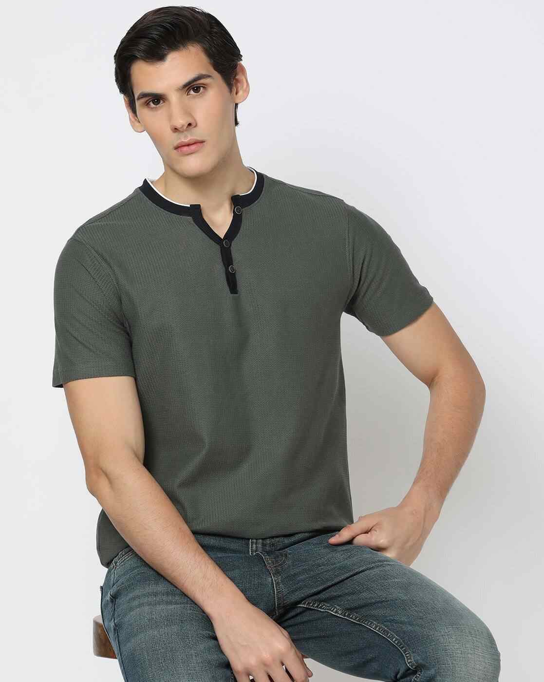 DNMX | Men Self-Stripe Slim Fit Henley-Neck T-Shirt|0
