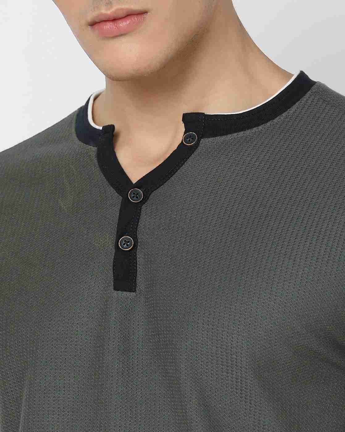 DNMX | Men Self-Stripe Slim Fit Henley-Neck T-Shirt|4
