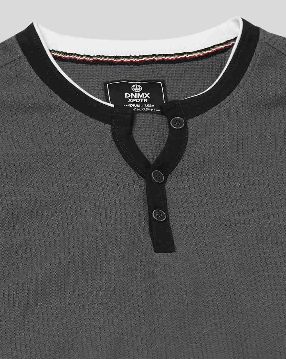 DNMX | Men Self-Stripe Slim Fit Henley-Neck T-Shirt|5