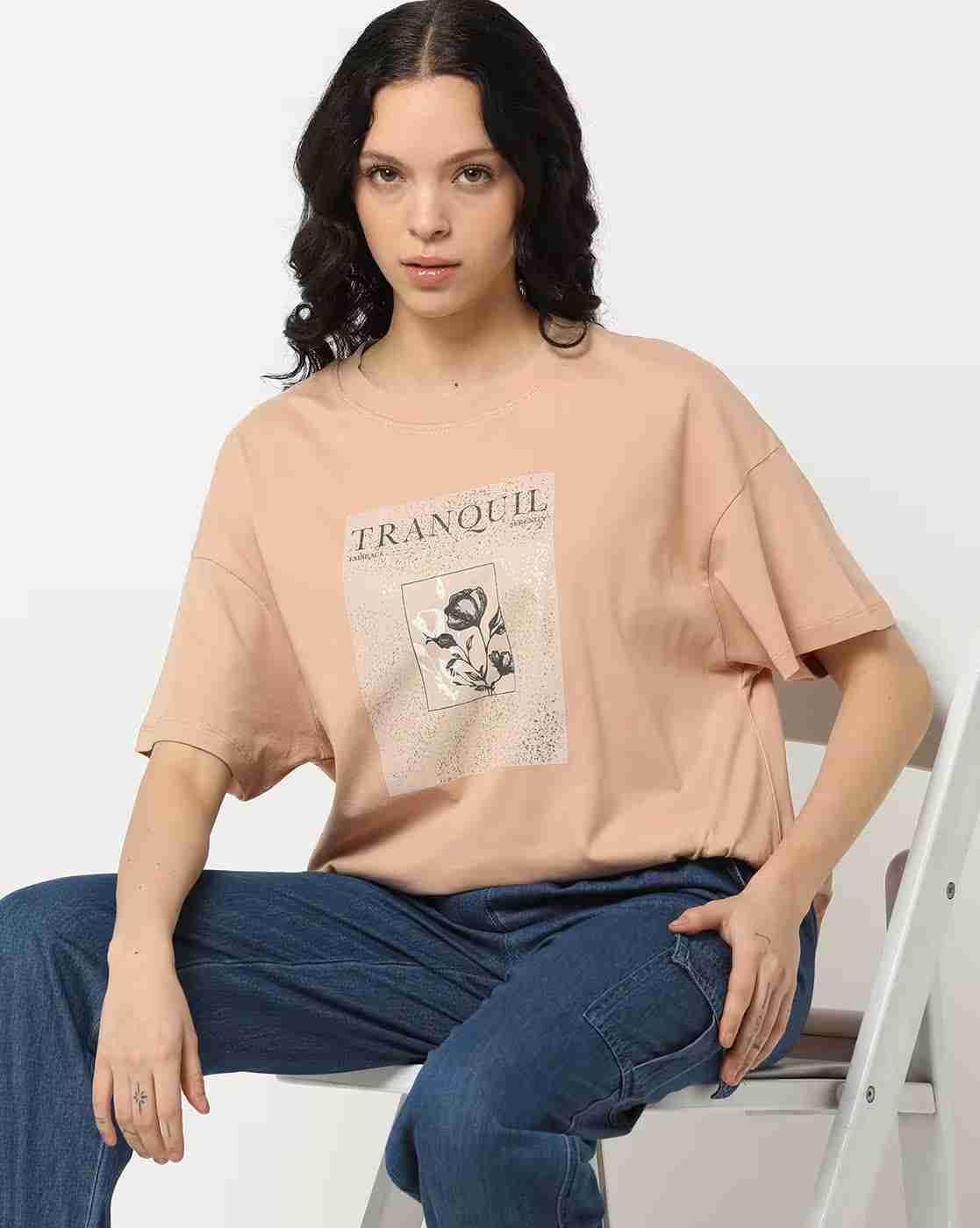 DNMX | Women Graphic Print Loose Fit Crew-Neck T-Shirt|0