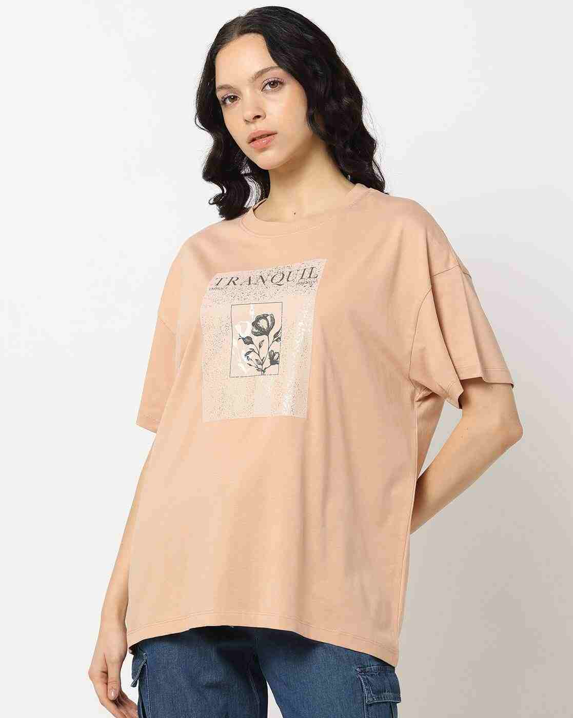 DNMX | Women Graphic Print Loose Fit Crew-Neck T-Shirt|1
