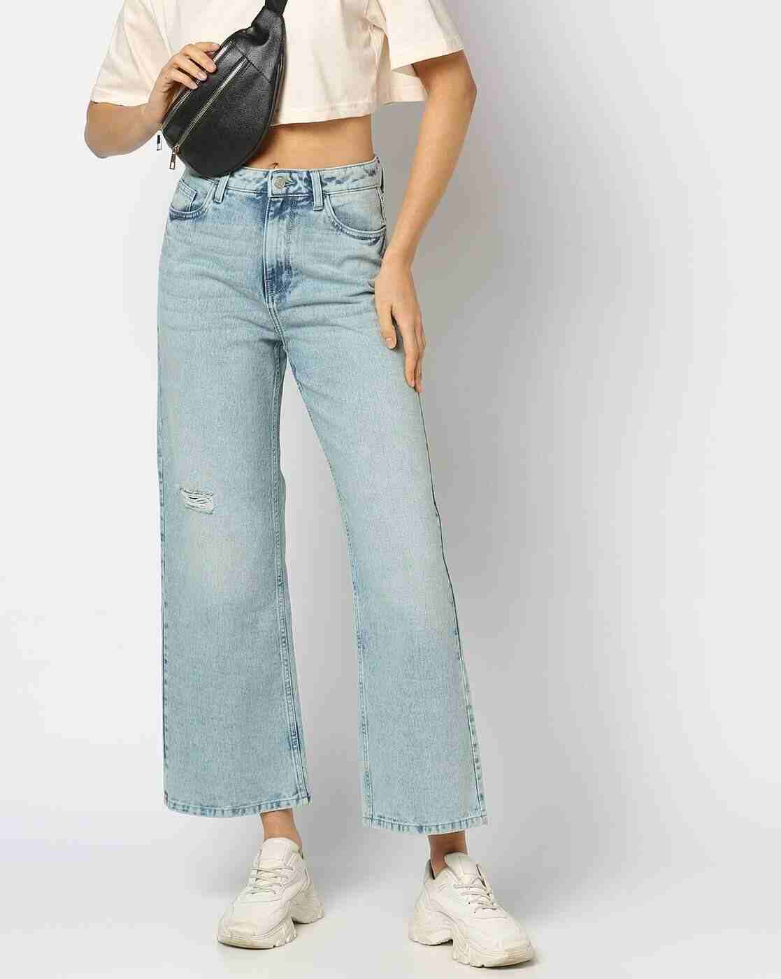 DNMX | Women Heavily Washed Wide-Leg High-Rise Jeans|0