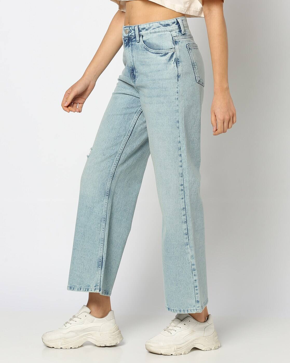DNMX | Women Heavily Washed Wide-Leg High-Rise Jeans|1