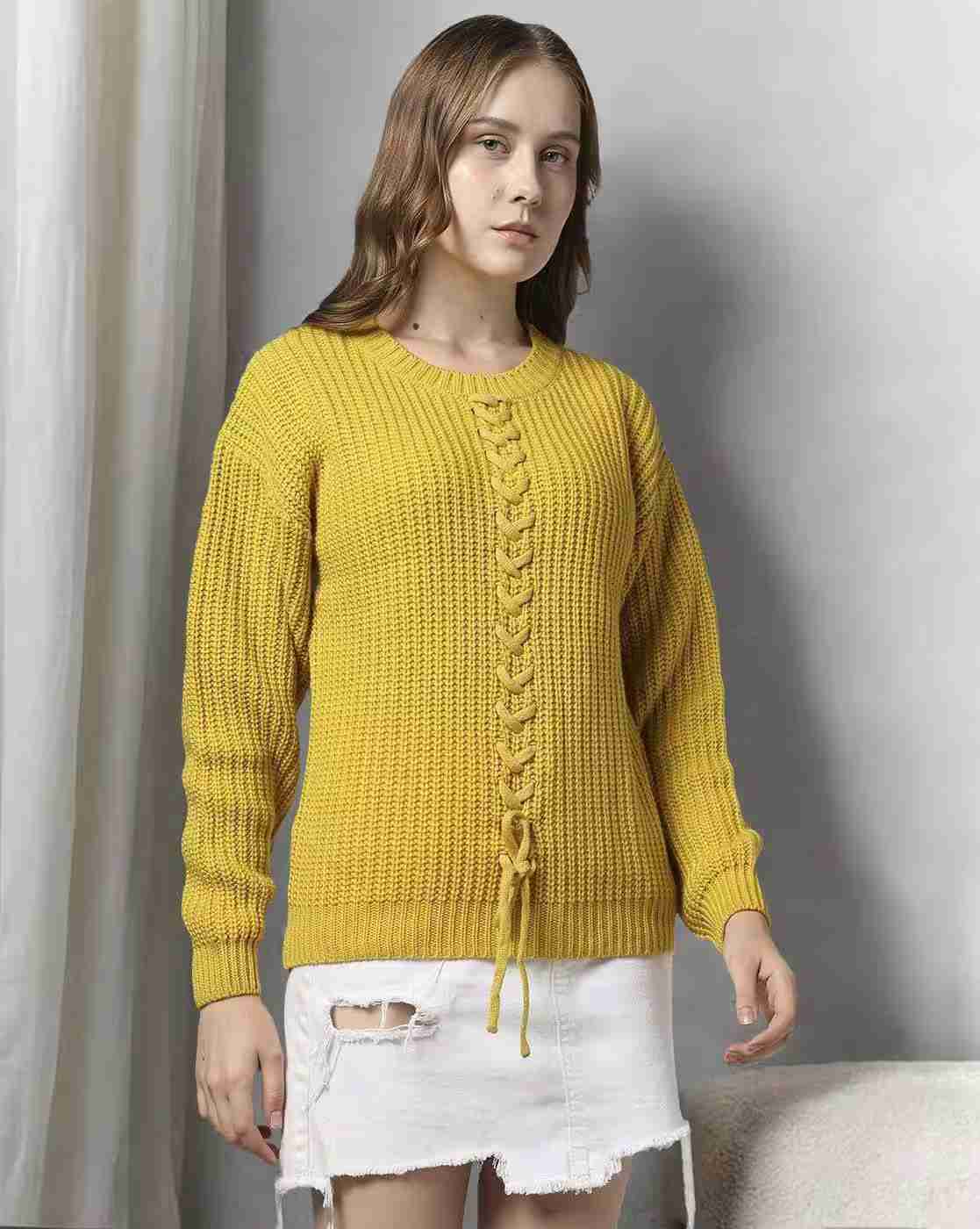 DNMX | Women Ribbed Regular Fit Pullover with Tie-Up|0