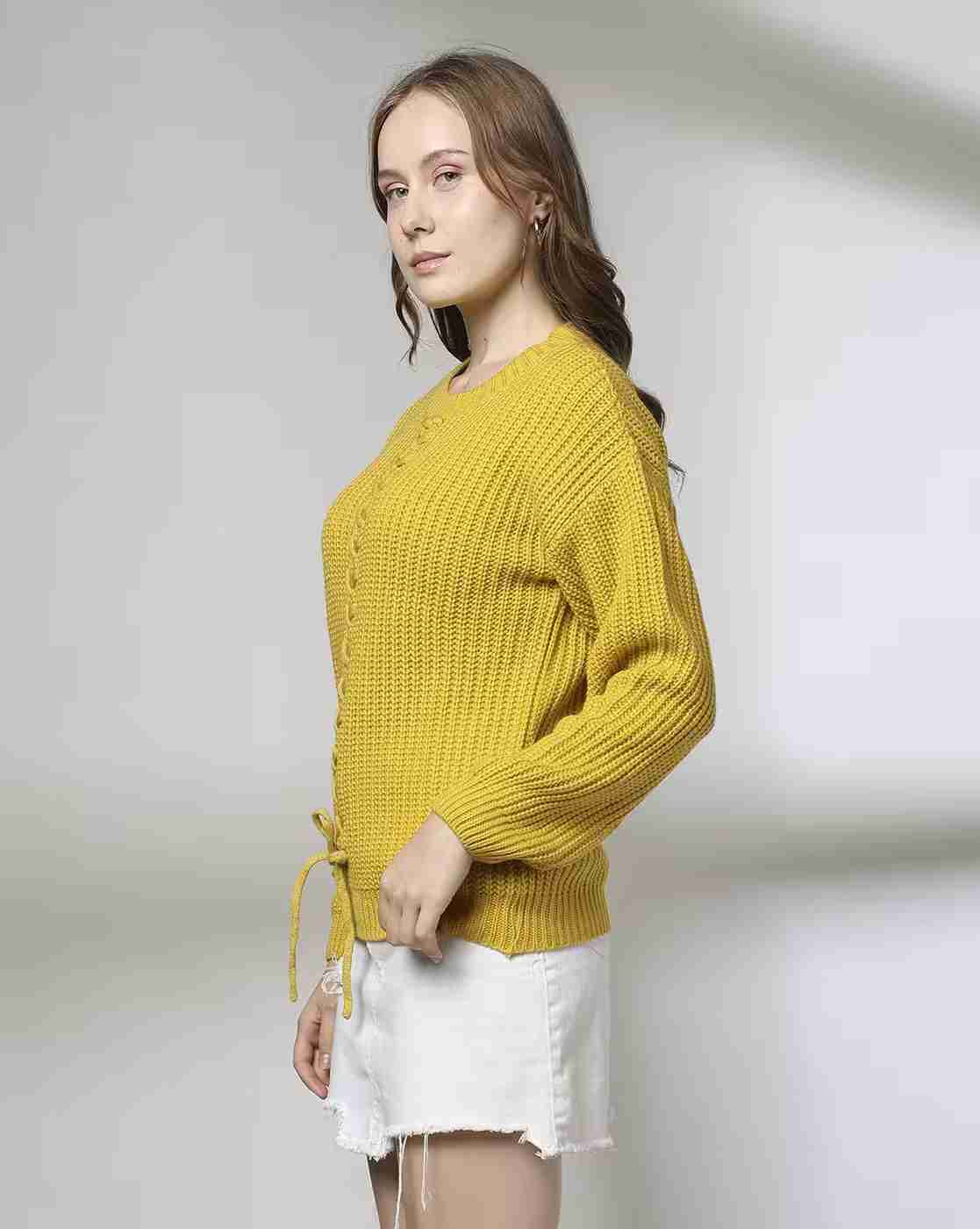 DNMX | Women Ribbed Regular Fit Pullover with Tie-Up|1