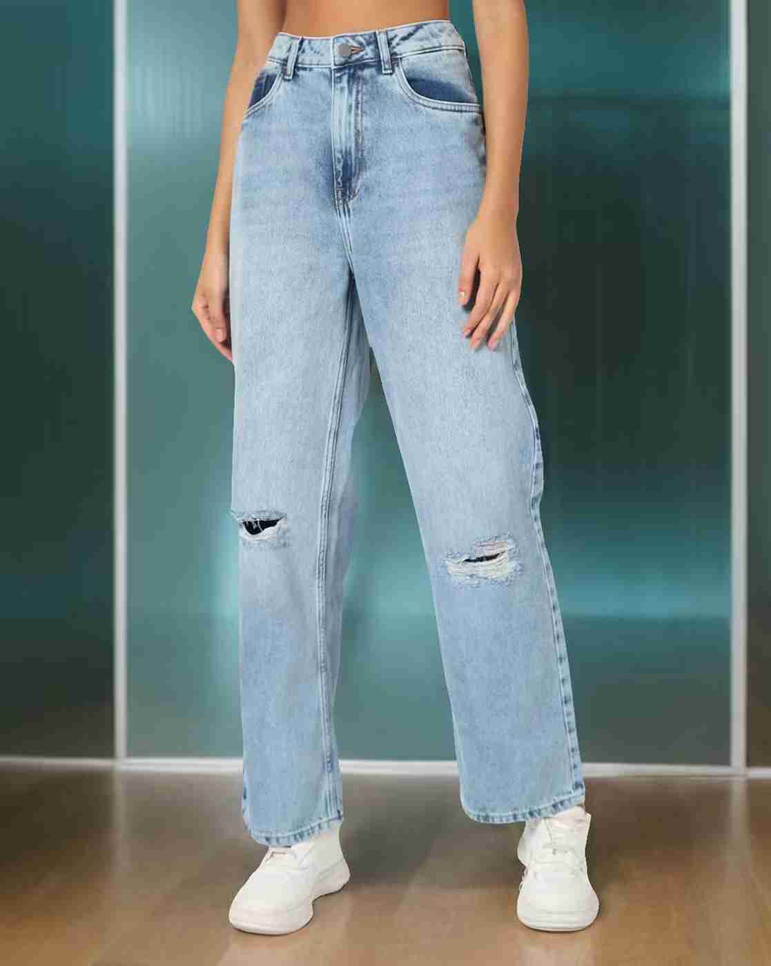 DNMX | Women Heavily Washed Distressed Straight Fit Mid-Rise Jeans|0