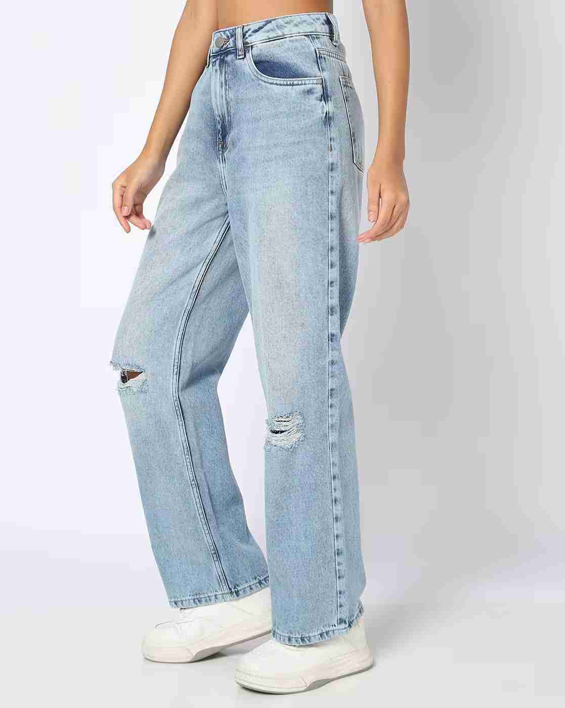 DNMX | Women Heavily Washed Distressed Straight Fit Mid-Rise Jeans|1