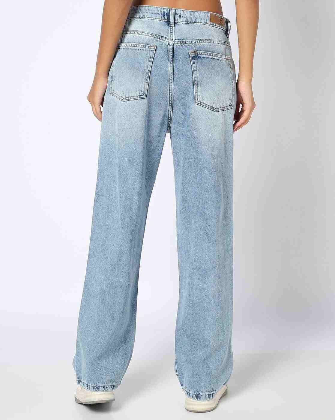 DNMX | Women Heavily Washed Distressed Straight Fit Mid-Rise Jeans|2