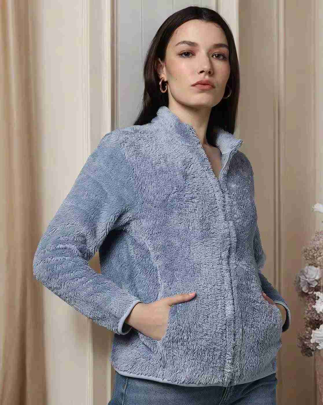 DNMX | Women Regular Fit Zip-Front Faux-Fur Jacket|0