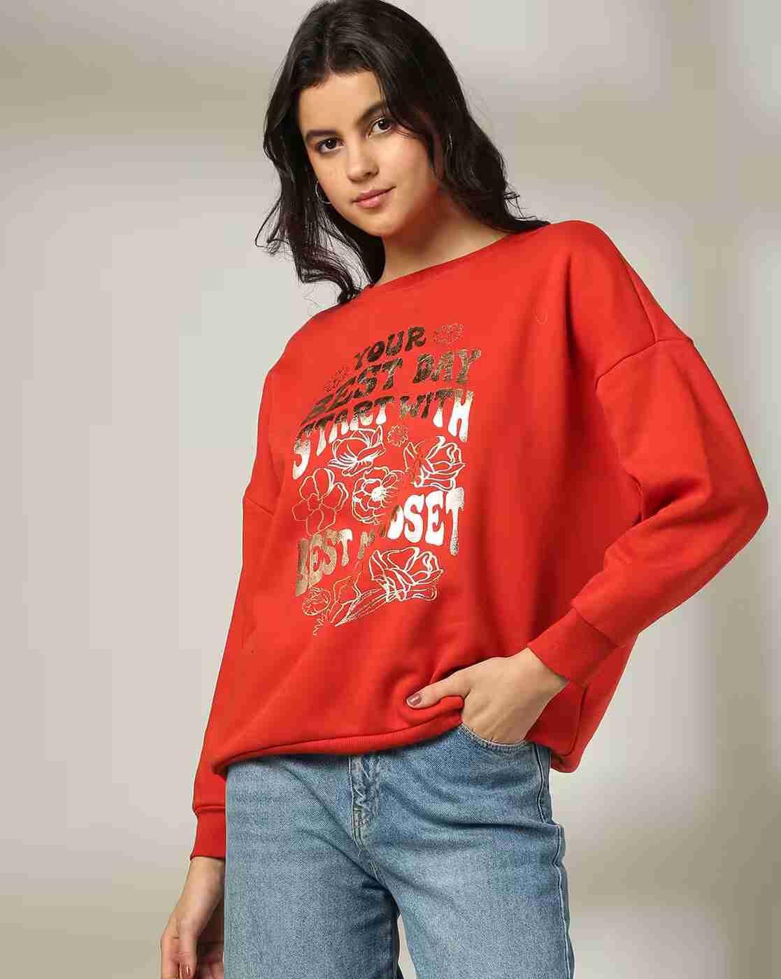 DNMX | Women Typographic Print Oversized Sweatshirt|0