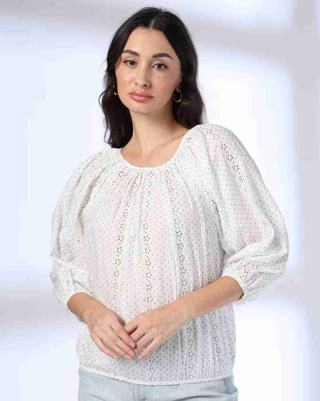 DNMX | Women Schiffli Embroidered Relaxed Fit Cotton Top|0