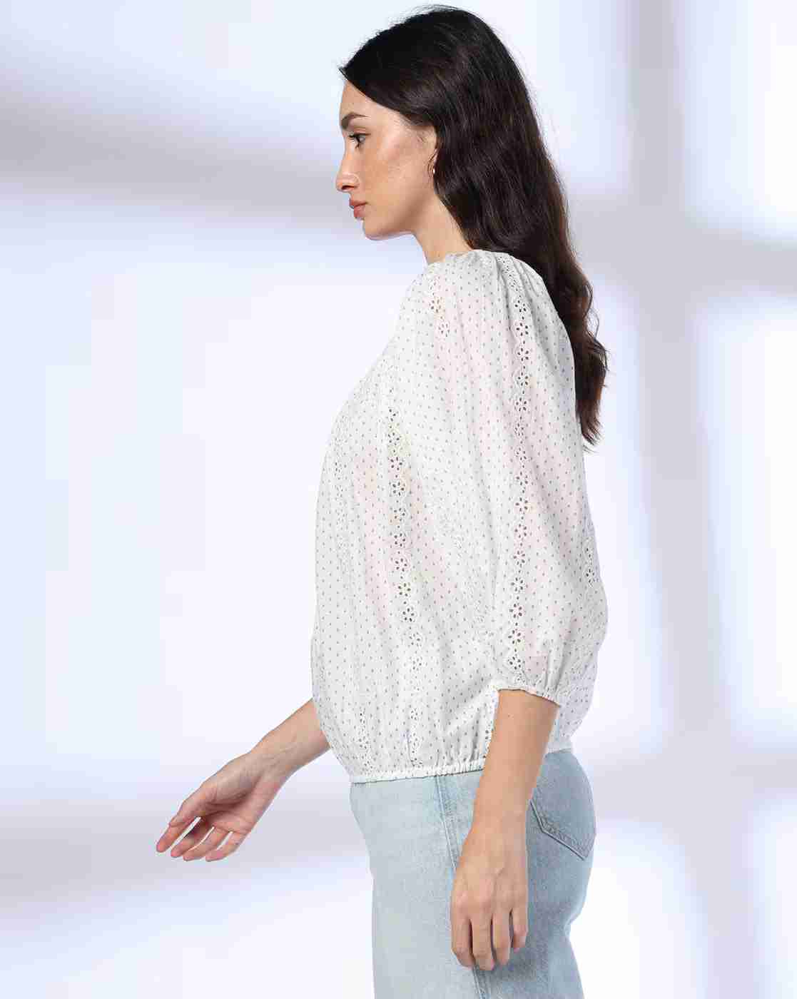 DNMX | Women Schiffli Embroidered Relaxed Fit Cotton Top|1