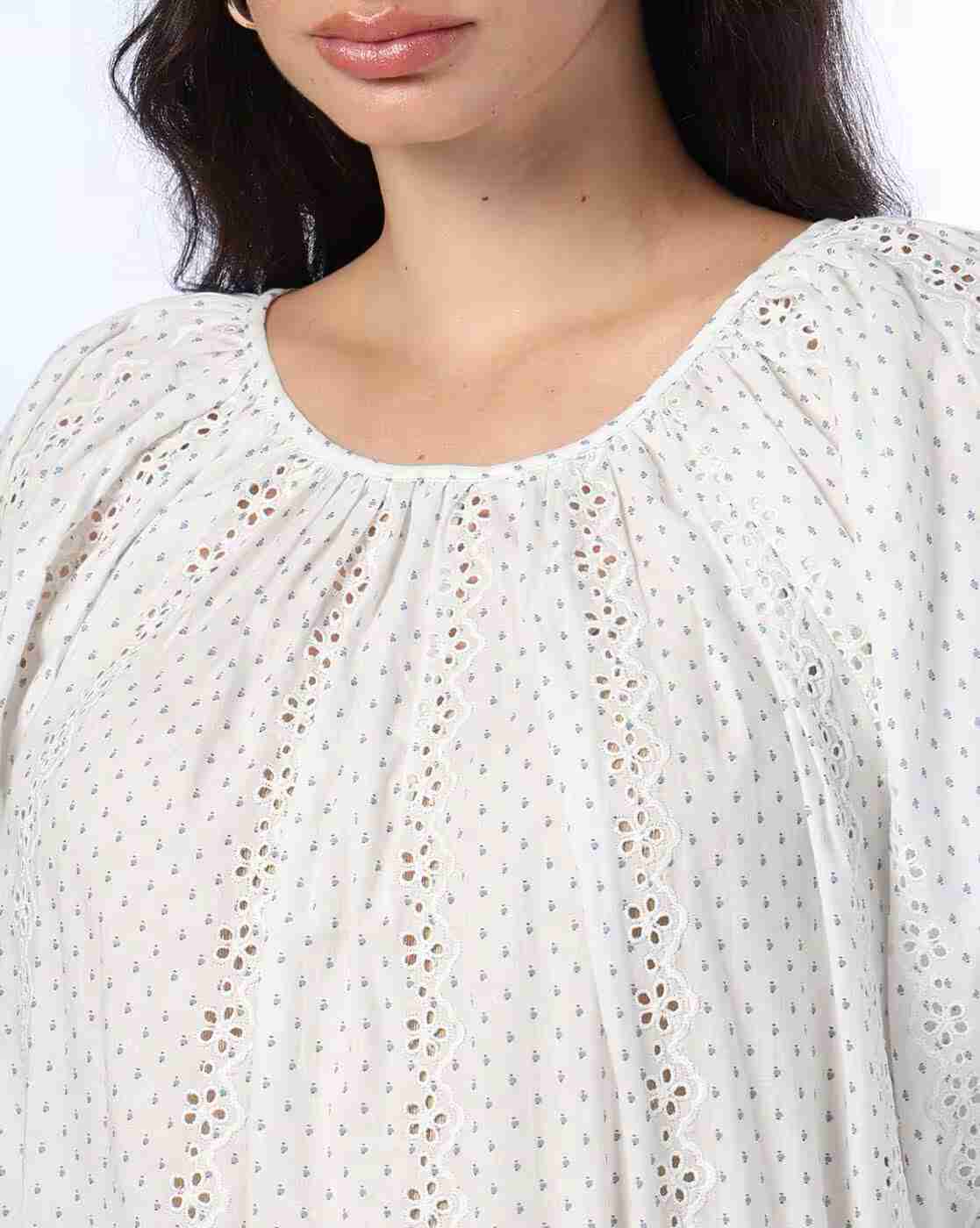 DNMX | Women Schiffli Embroidered Relaxed Fit Cotton Top|3