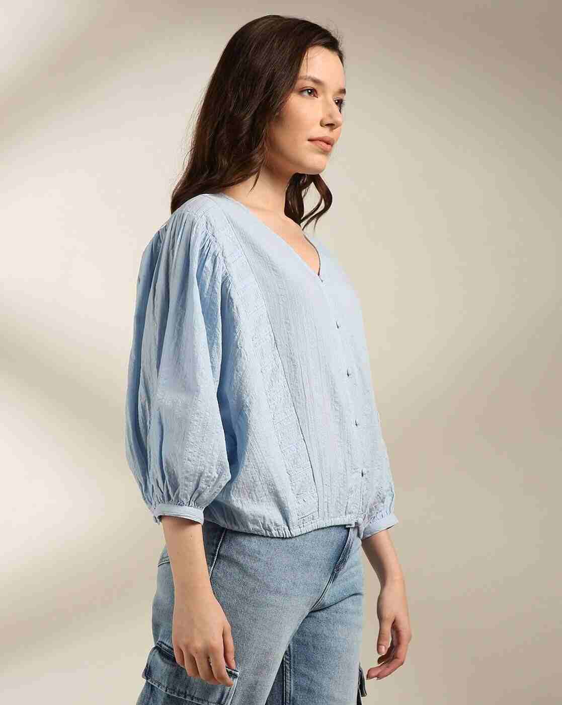 DNMX | Women Crinkled Relaxed Fit V-Neck Top|1