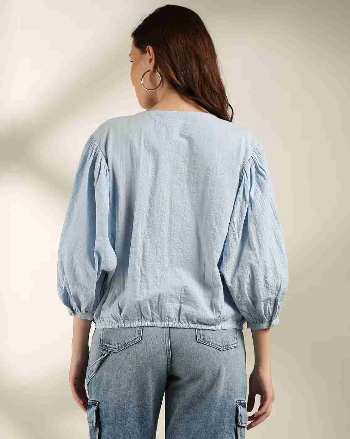 DNMX | Women Crinkled Relaxed Fit V-Neck Top|2