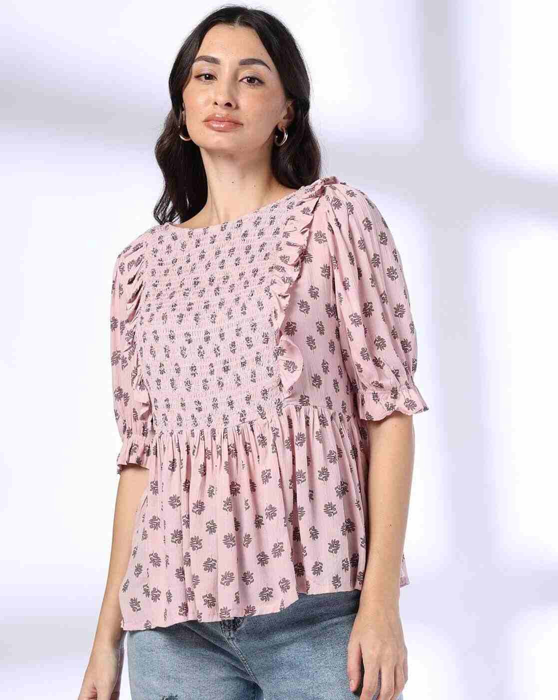 DNMX | Women Floral Print Regular Fit Smocked Top|0