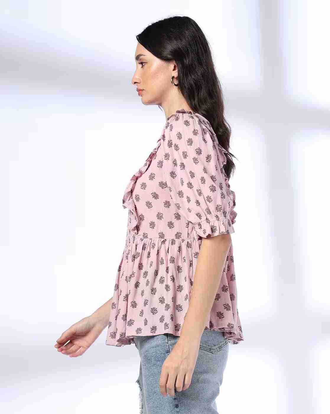 DNMX | Women Floral Print Regular Fit Smocked Top|1