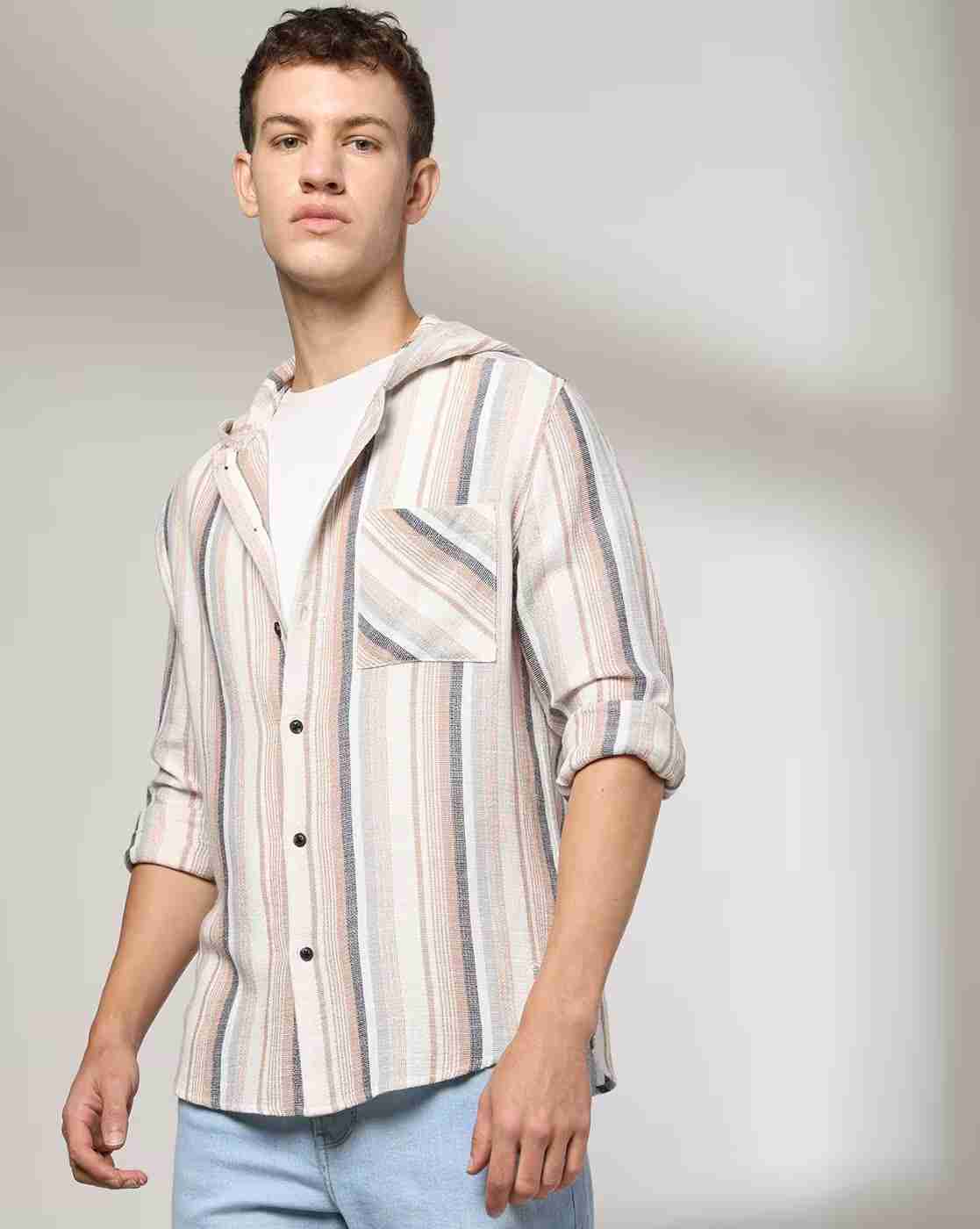 DNMX | Men Striped Regular Fit Hooded Shirt with Patch Pocket|0