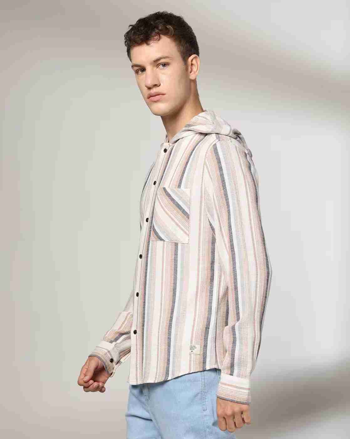 DNMX | Men Striped Regular Fit Hooded Shirt with Patch Pocket|2