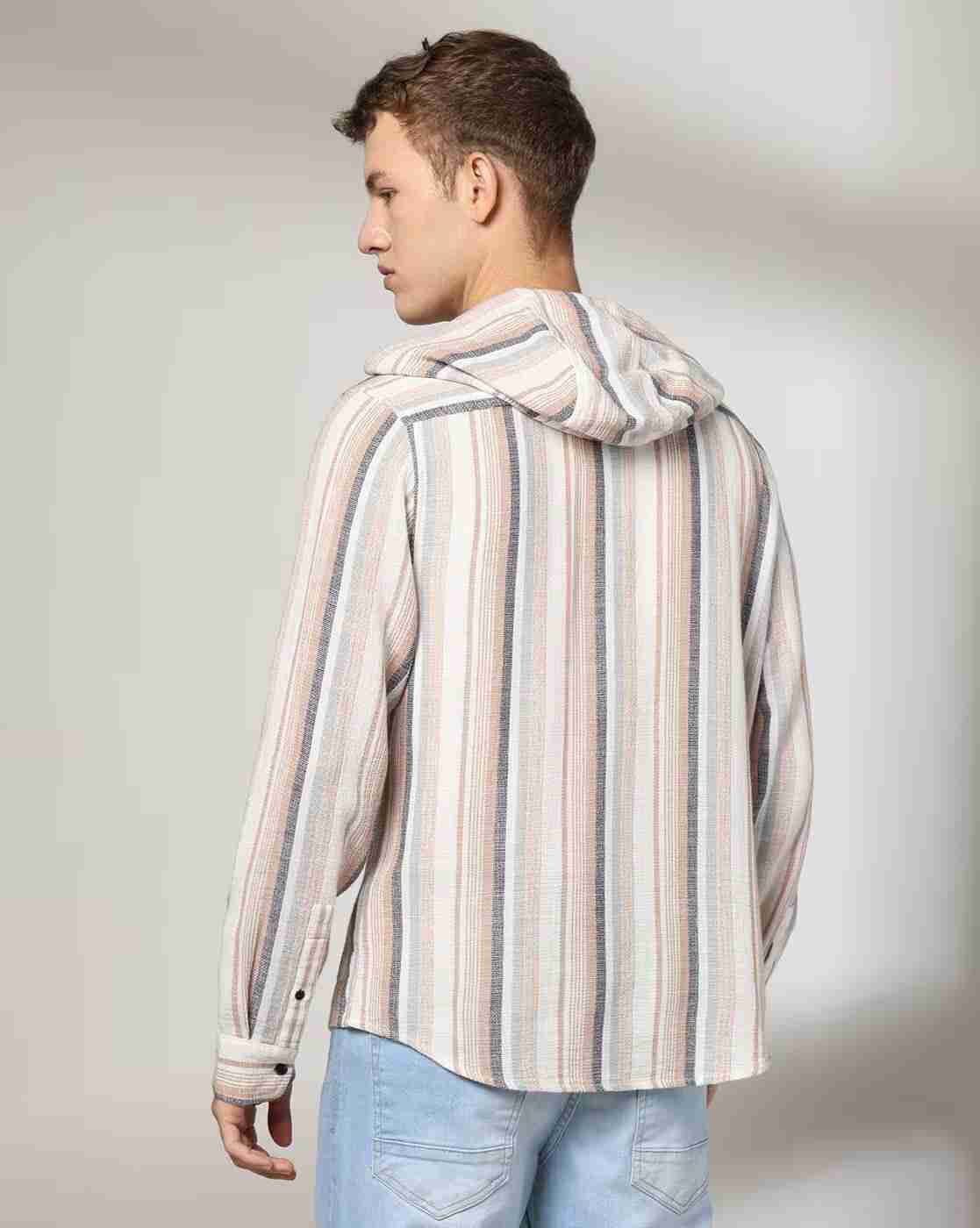 DNMX | Men Striped Regular Fit Hooded Shirt with Patch Pocket|3