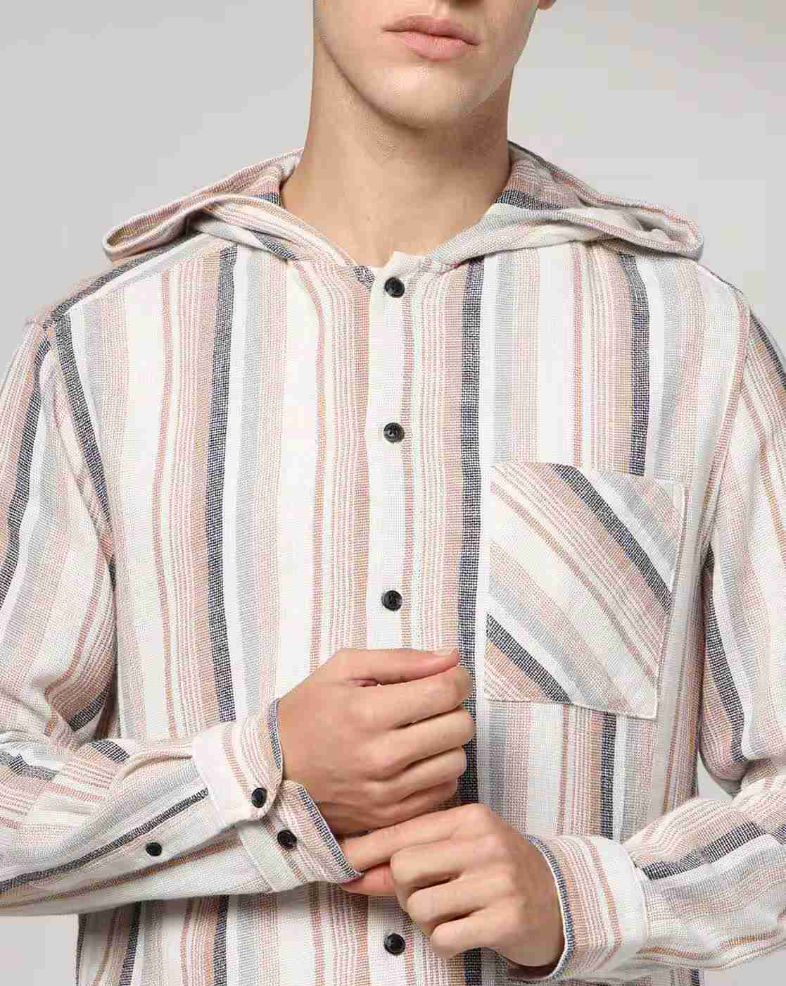 DNMX | Men Striped Regular Fit Hooded Shirt with Patch Pocket|4