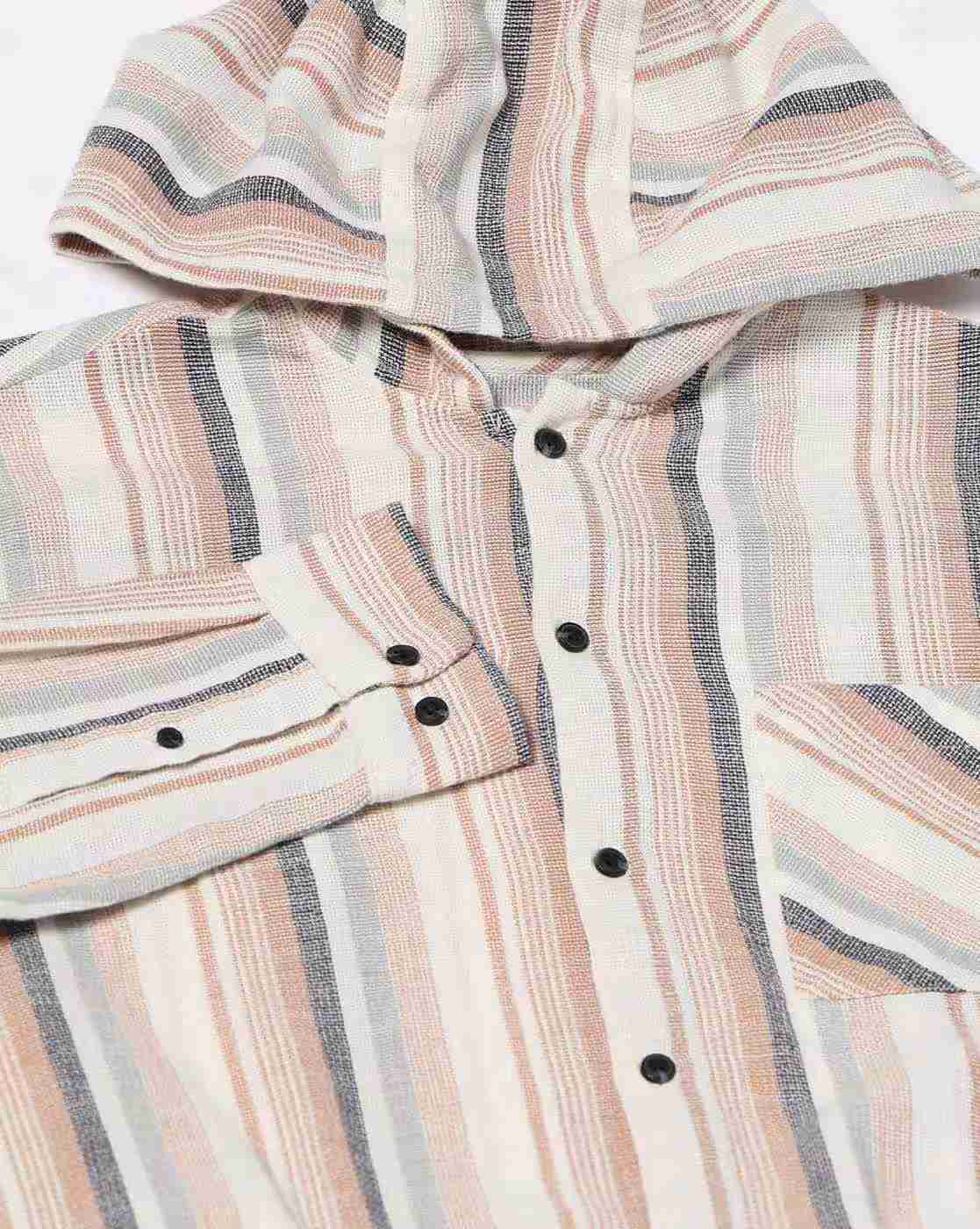 DNMX | Men Striped Regular Fit Hooded Shirt with Patch Pocket|5