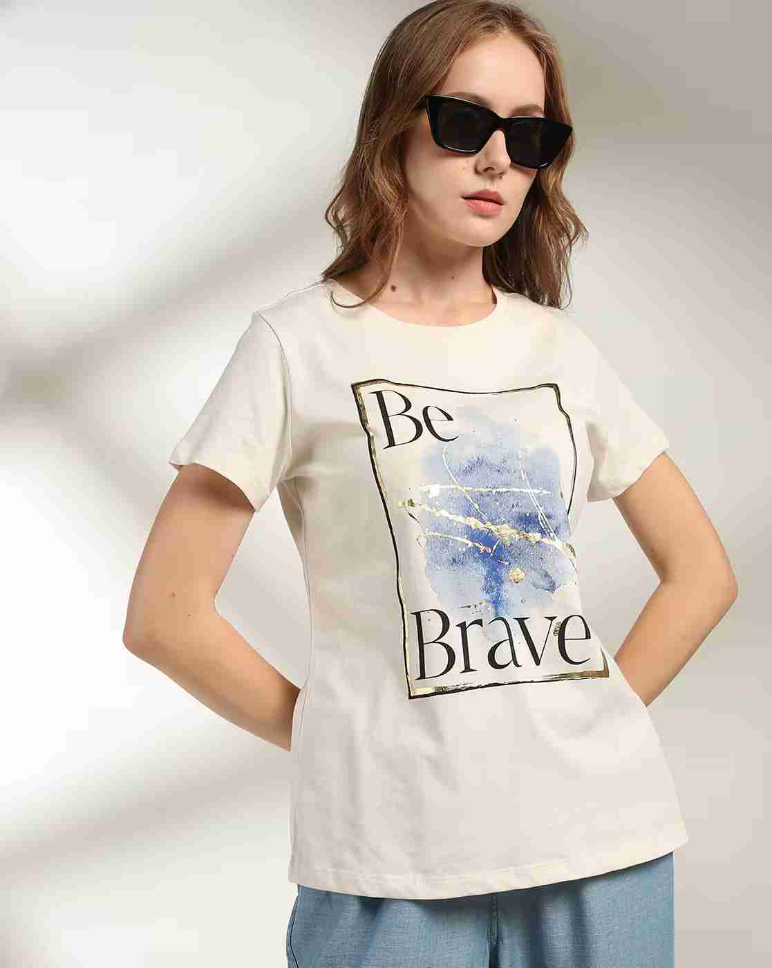 DNMX | Women Typographic Print Regular Fit Crew-Neck T-Shirt|0