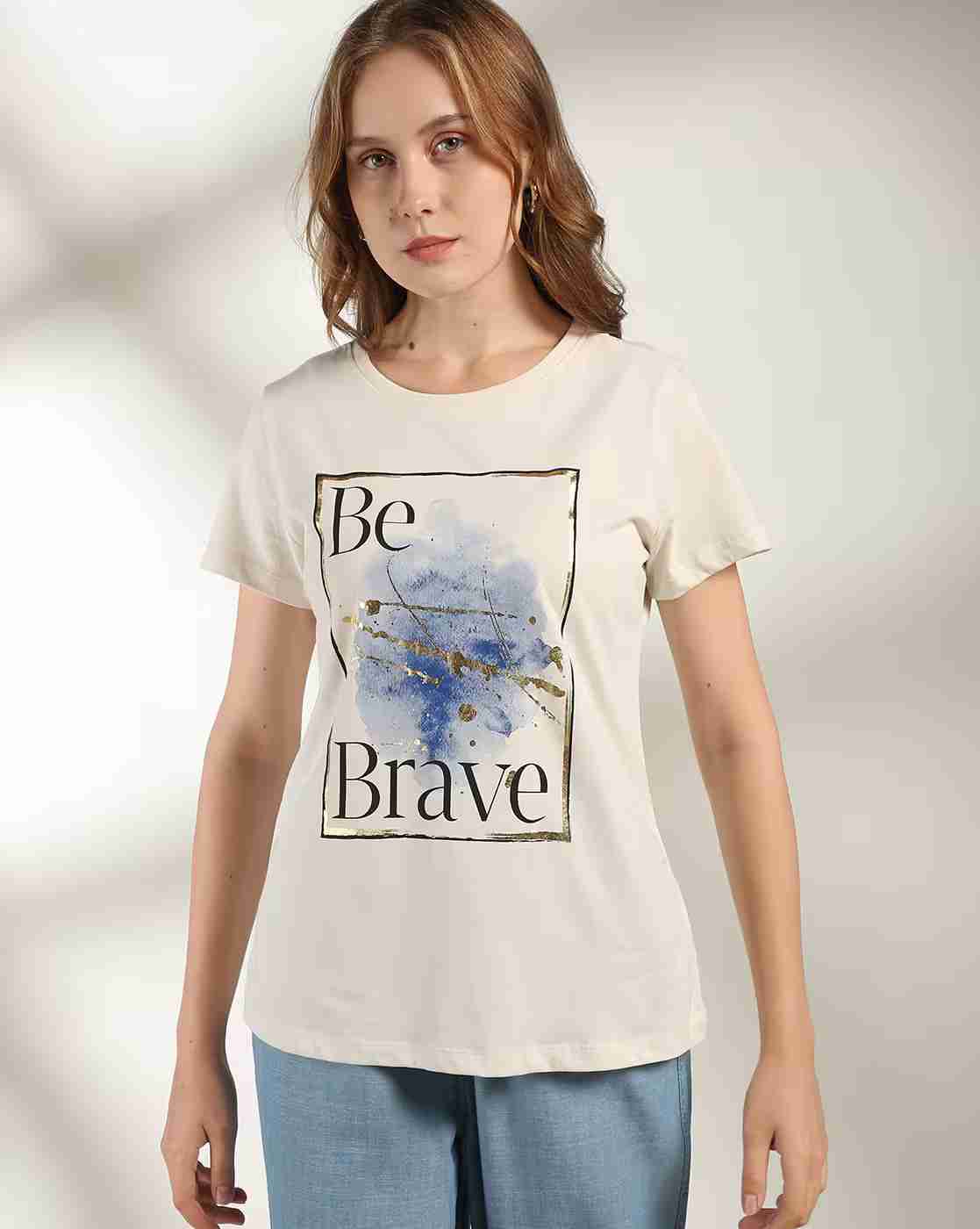 DNMX | Women Typographic Print Regular Fit Crew-Neck T-Shirt|1