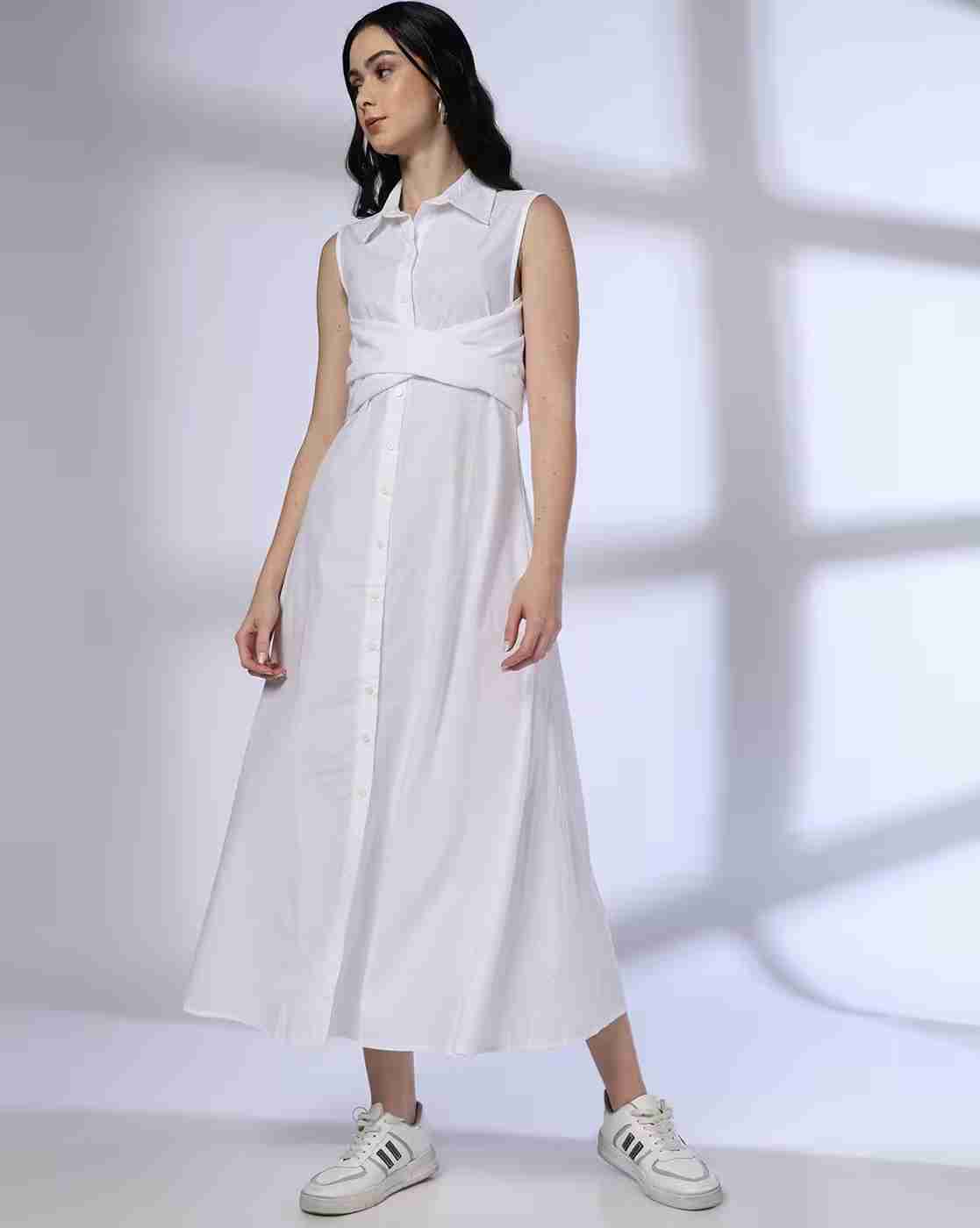 DNMX | Women Relaxed Fit Button Down Knotted Shirt Dress|0
