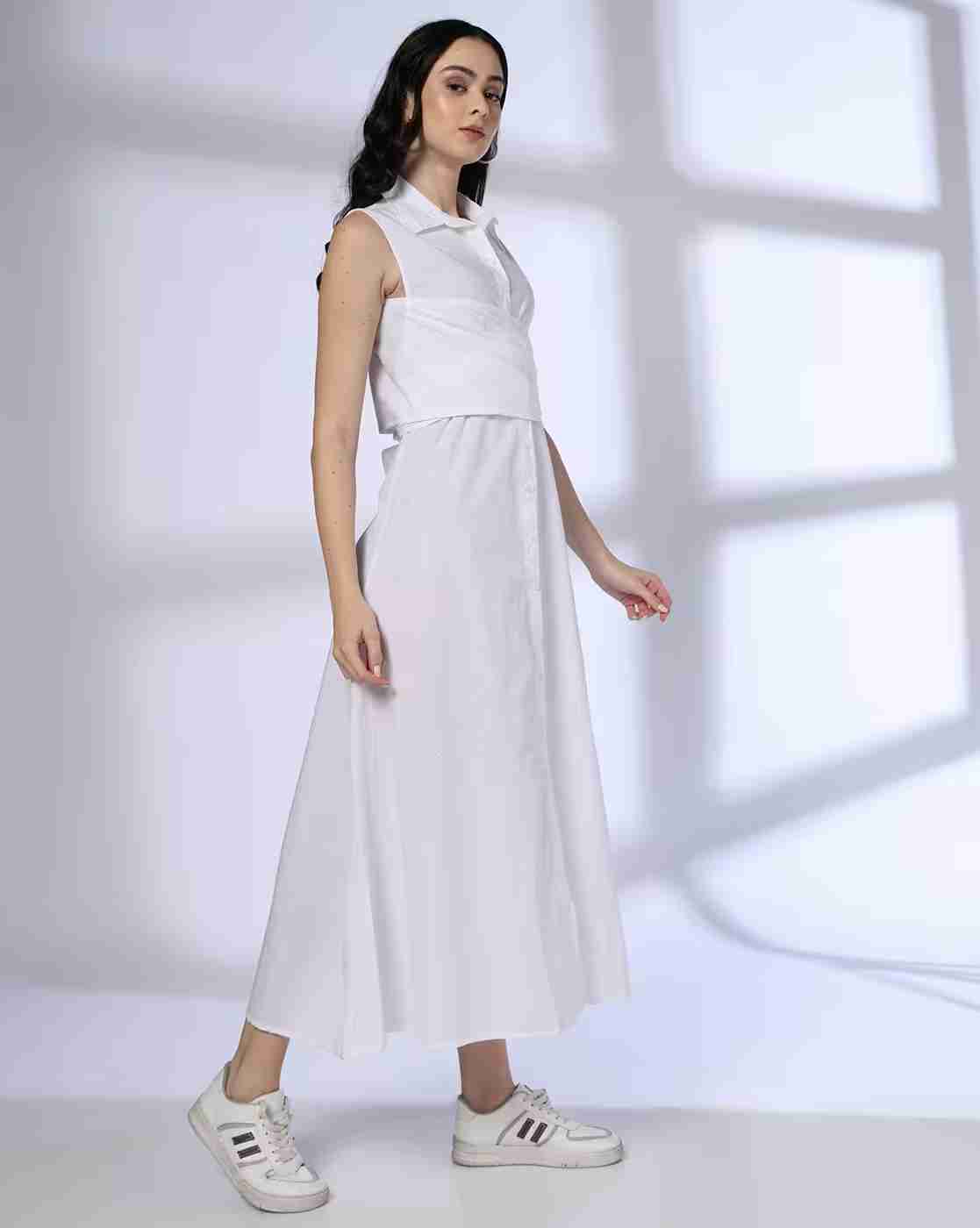 DNMX | Women Relaxed Fit Button Down Knotted Shirt Dress|1