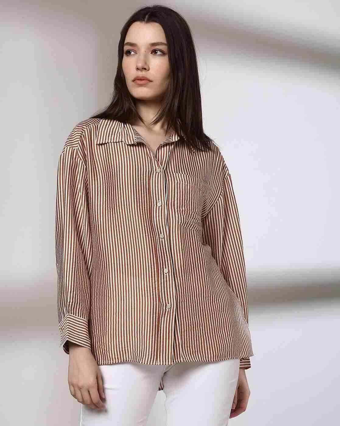 DNMX | Women Striped Oversized Shirt with Patch Pocket|0