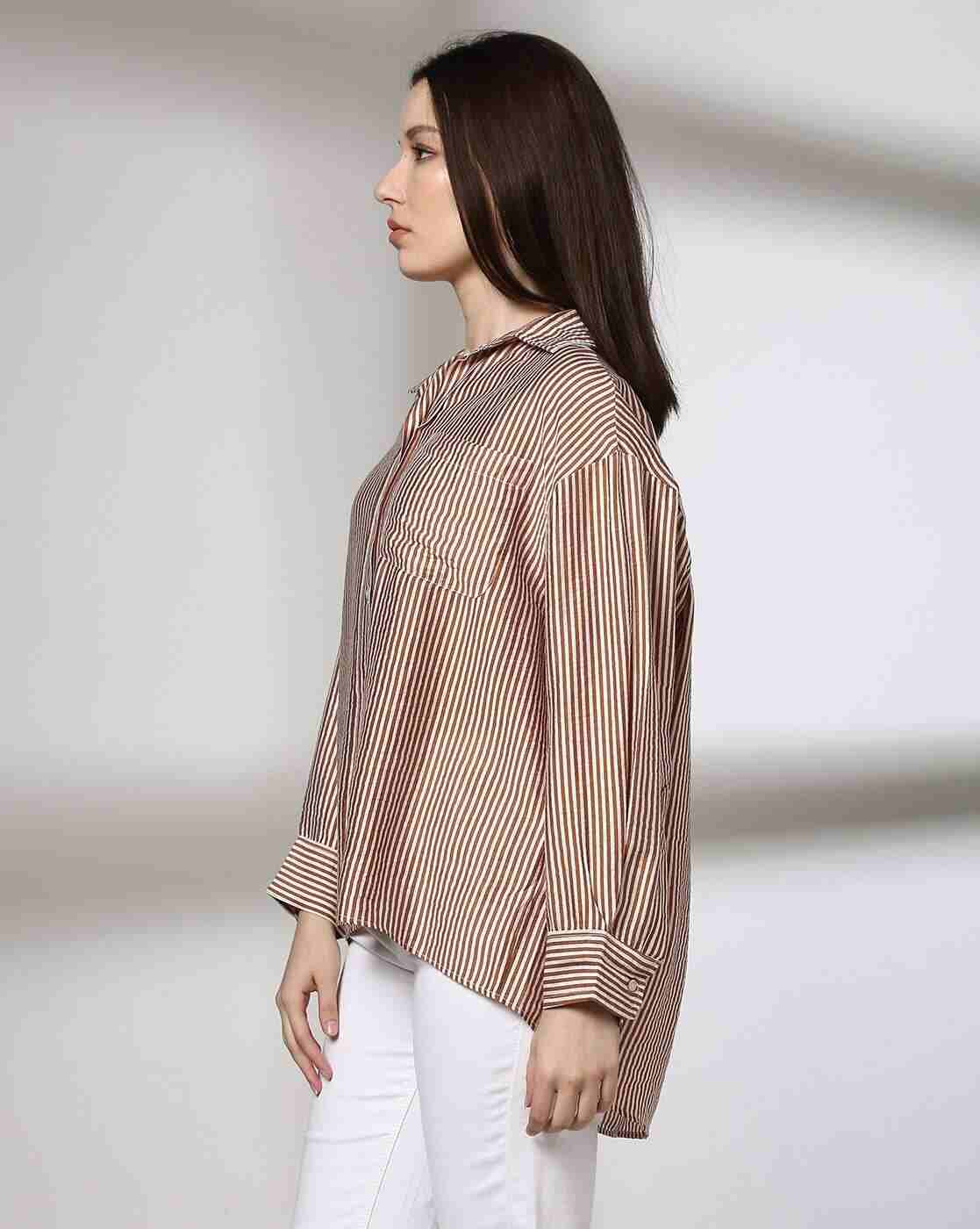 DNMX | Women Striped Oversized Shirt with Patch Pocket|1