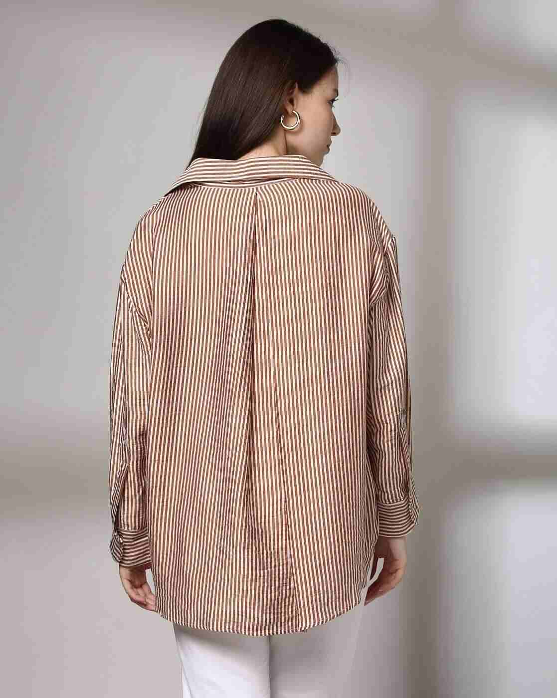 DNMX | Women Striped Oversized Shirt with Patch Pocket|2