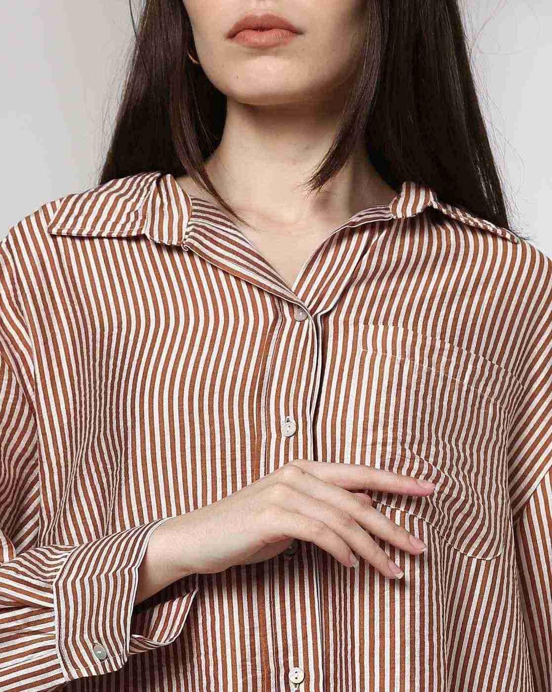DNMX | Women Striped Oversized Shirt with Patch Pocket|3