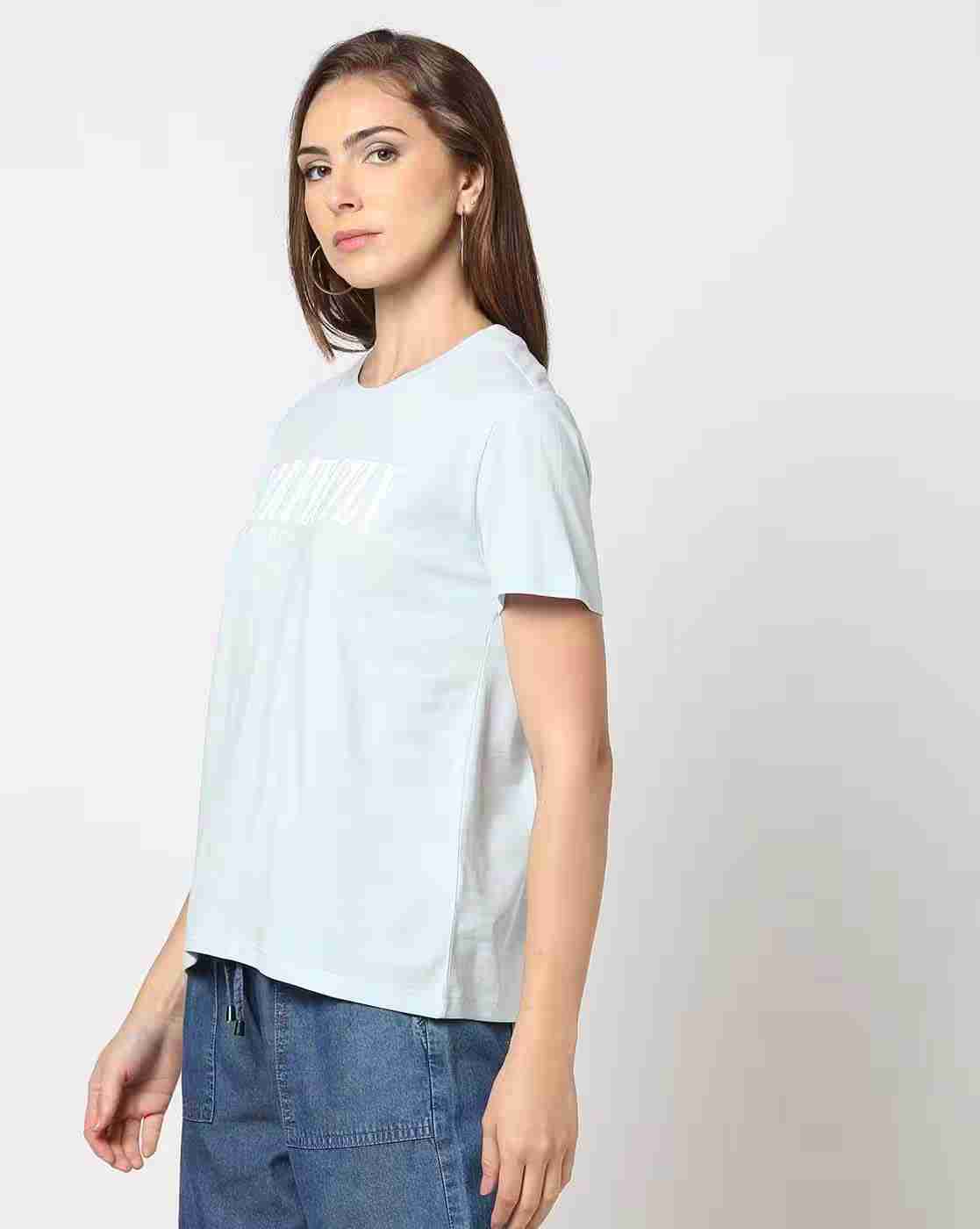 DNMX | Women Typographic Print Regular Fit Crew-Neck T-Shirt|1