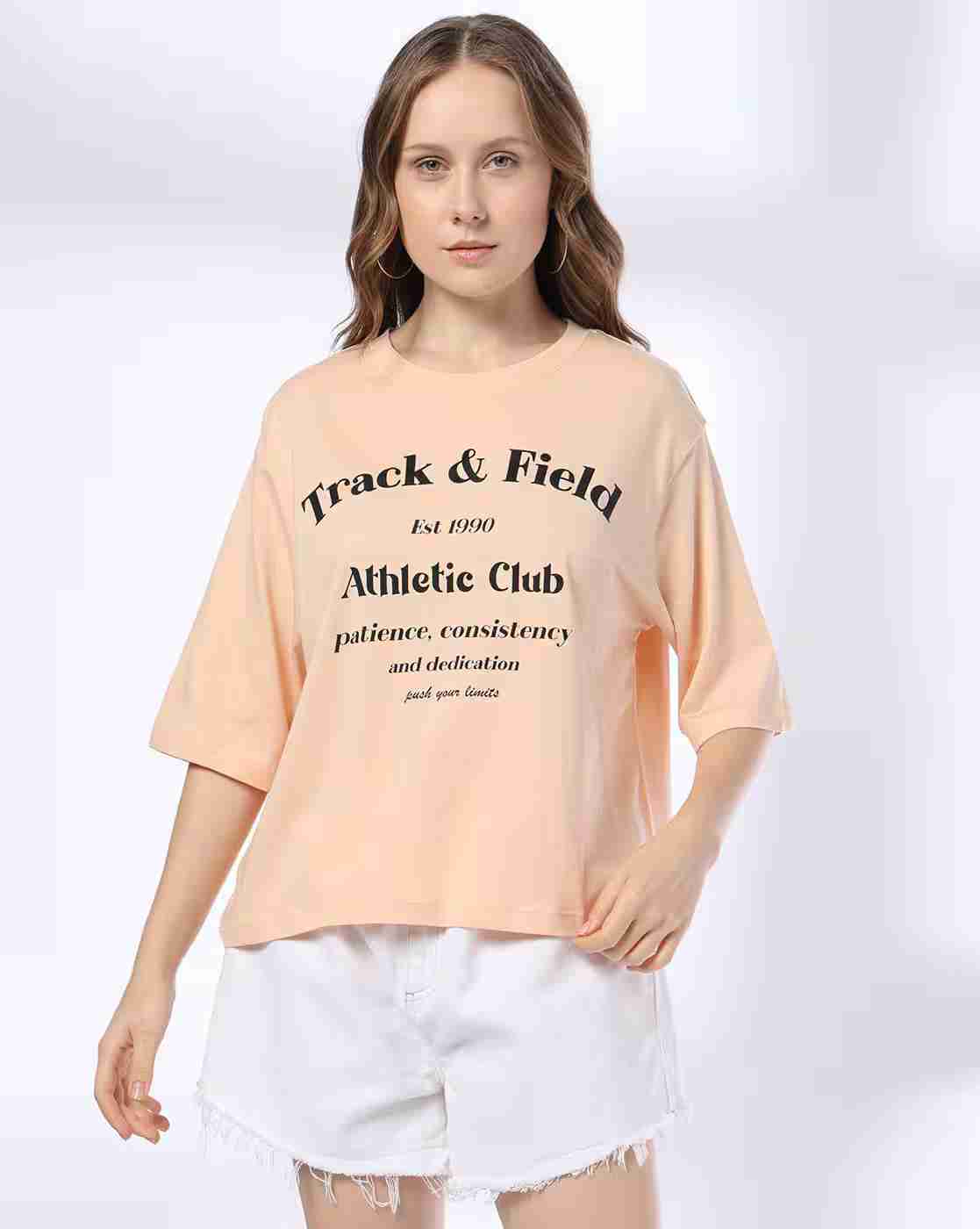 DNMX | Women Typographic Print Boxy Fit Round-Neck T-Shirt|0