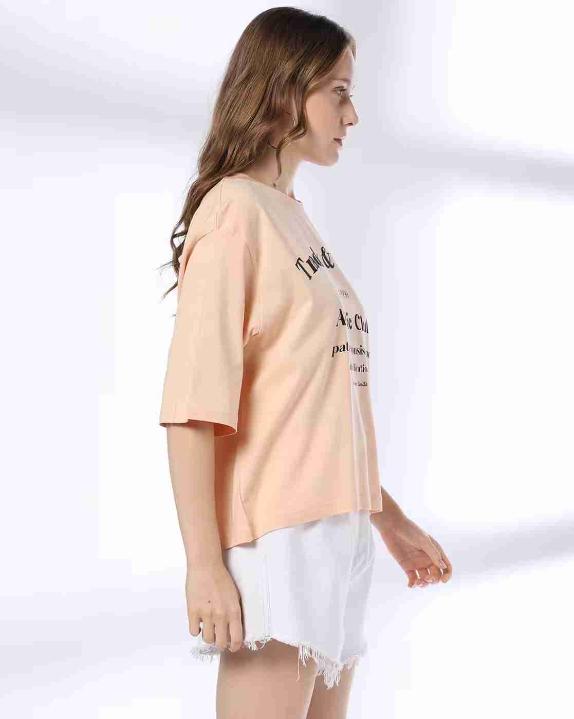 DNMX | Women Typographic Print Boxy Fit Round-Neck T-Shirt|1