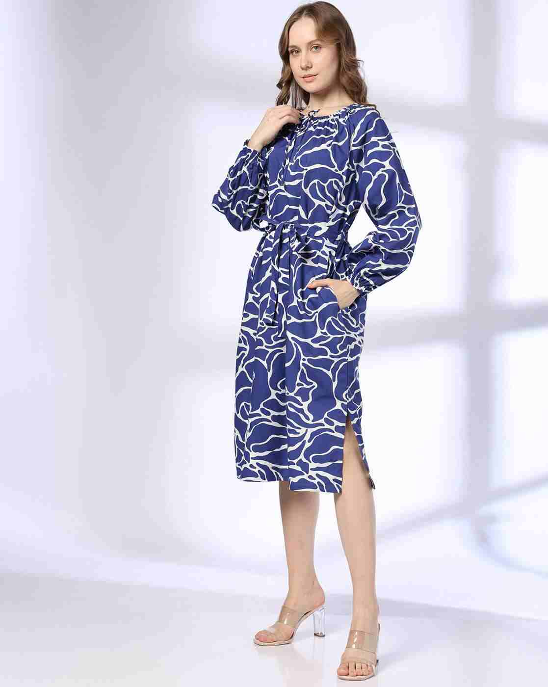 DNMX | Women Printed Fit & Flare Cotton Dress with Tie-Up Belt|0