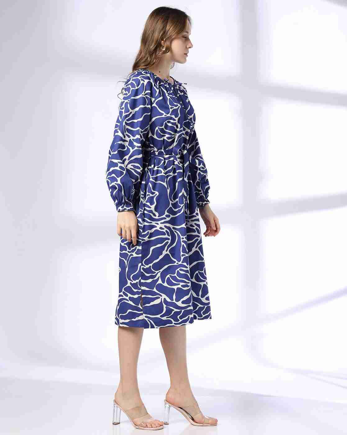 DNMX | Women Printed Fit & Flare Cotton Dress with Tie-Up Belt|1