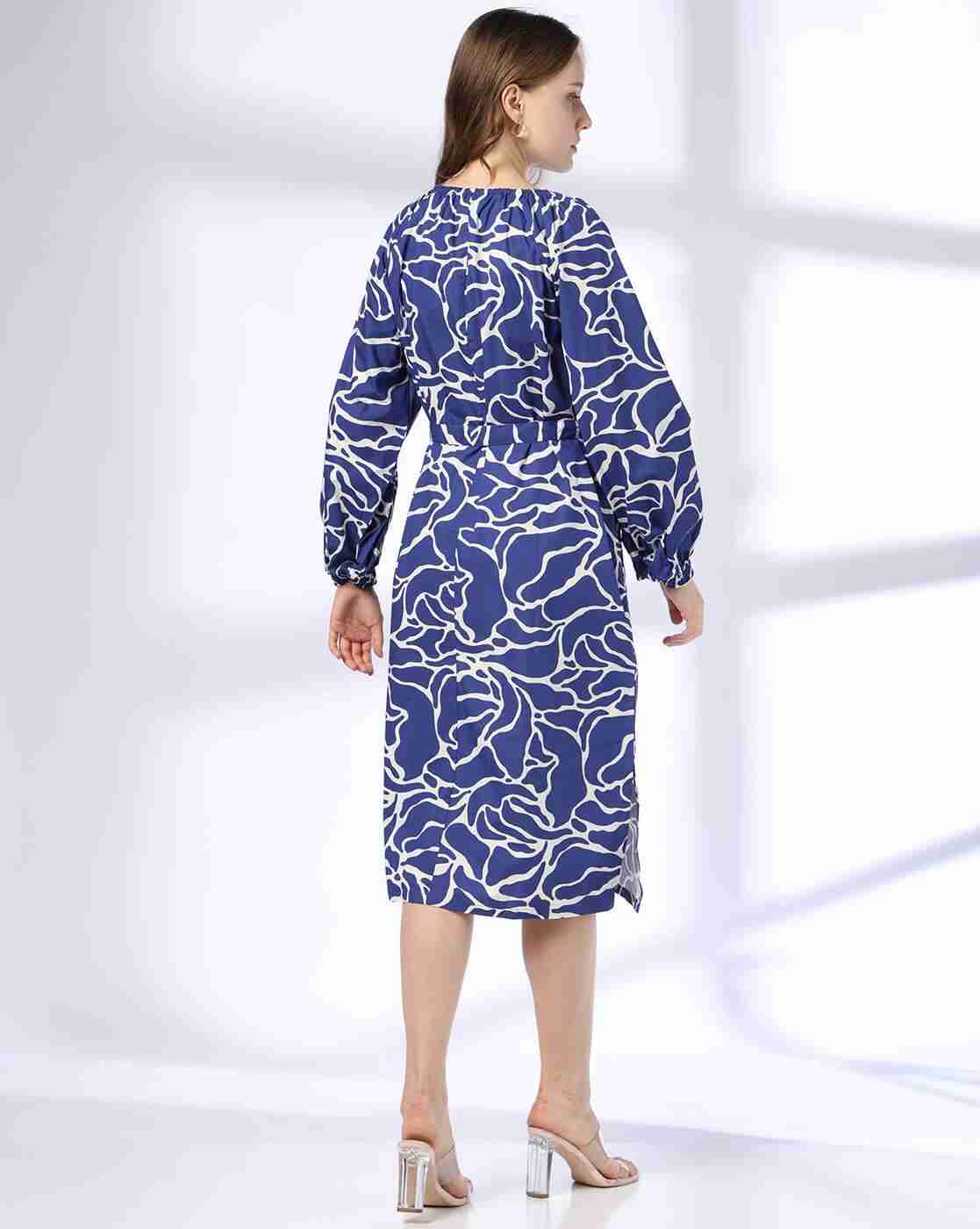 DNMX | Women Printed Fit & Flare Cotton Dress with Tie-Up Belt|2