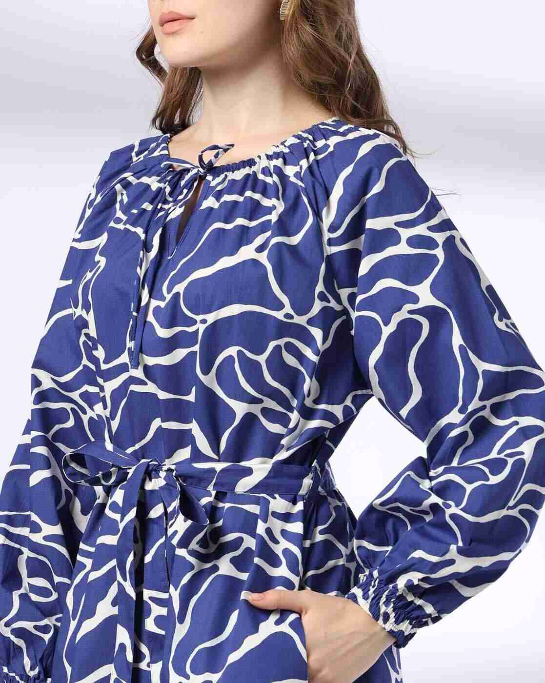 DNMX | Women Printed Fit & Flare Cotton Dress with Tie-Up Belt|3